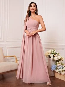 單肩扭結細節雪紡伴娘連衣裙 - 淺粉色 - 查看 3