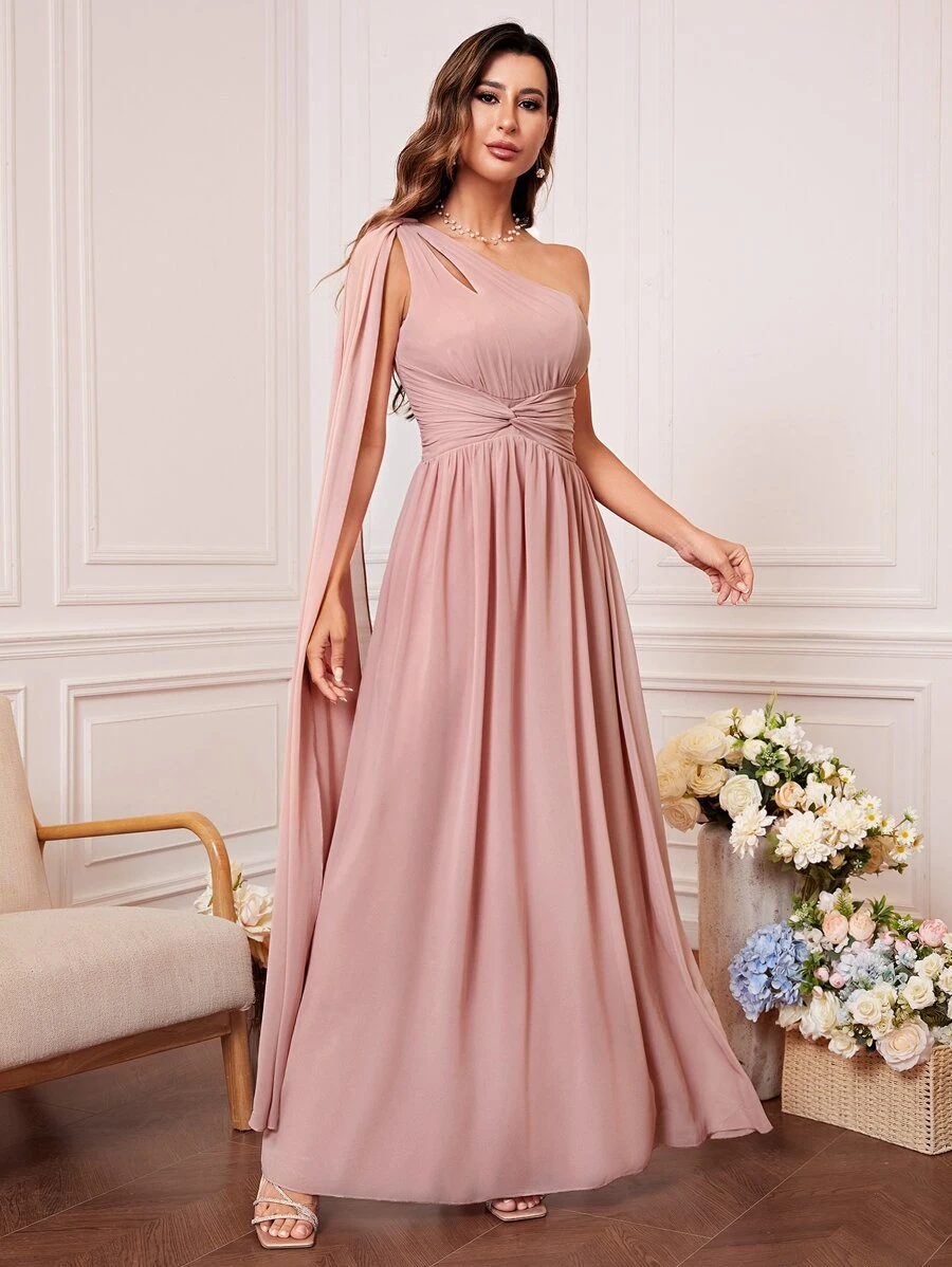 單肩扭結細節雪紡伴娘連衣裙 - 淺粉色 - 查看 1