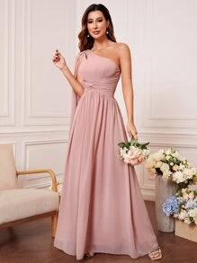 單肩扭結細節雪紡伴娘連衣裙 - 淺粉色 - 查看 6