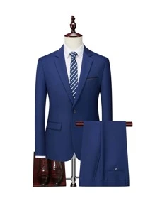 Manfinity Mode Men 1pc Single Button Blazer & 1pc Suit Trousers - Navy Blue - View 1