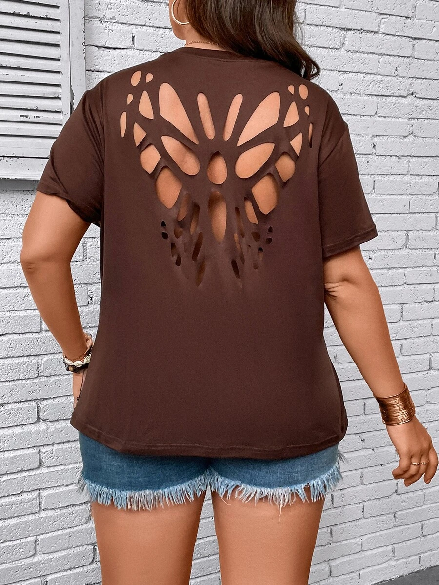 Calvaya Plus Butterfly Hollow Out Tee - Chocolate Brown - View 1