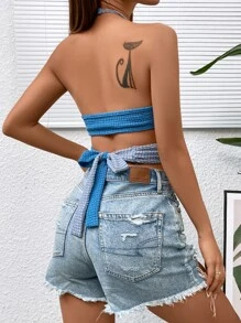 SHEIN Essnce 雙色前扭結後背繫帶掛脖上衣 - 藍色 - 查看 2