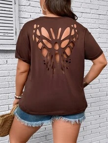 Calvaya Plus Butterfly Hollow Out Tee - Chocolate Brown - View 4
