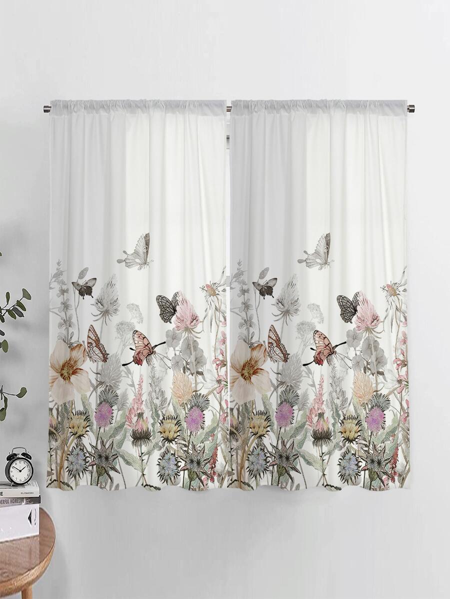 蝴蝶和花卉圖案單片窗簾臥室和客廳現代滌綸單片遮光窗簾 - 彩色 - 查看 1