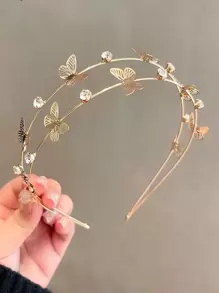 1入華麗鑽石鑲嵌雙蝴蝶花卉設計頭箍，帶金色閃爍，適合日常穿著 - 金色 - 查看 1