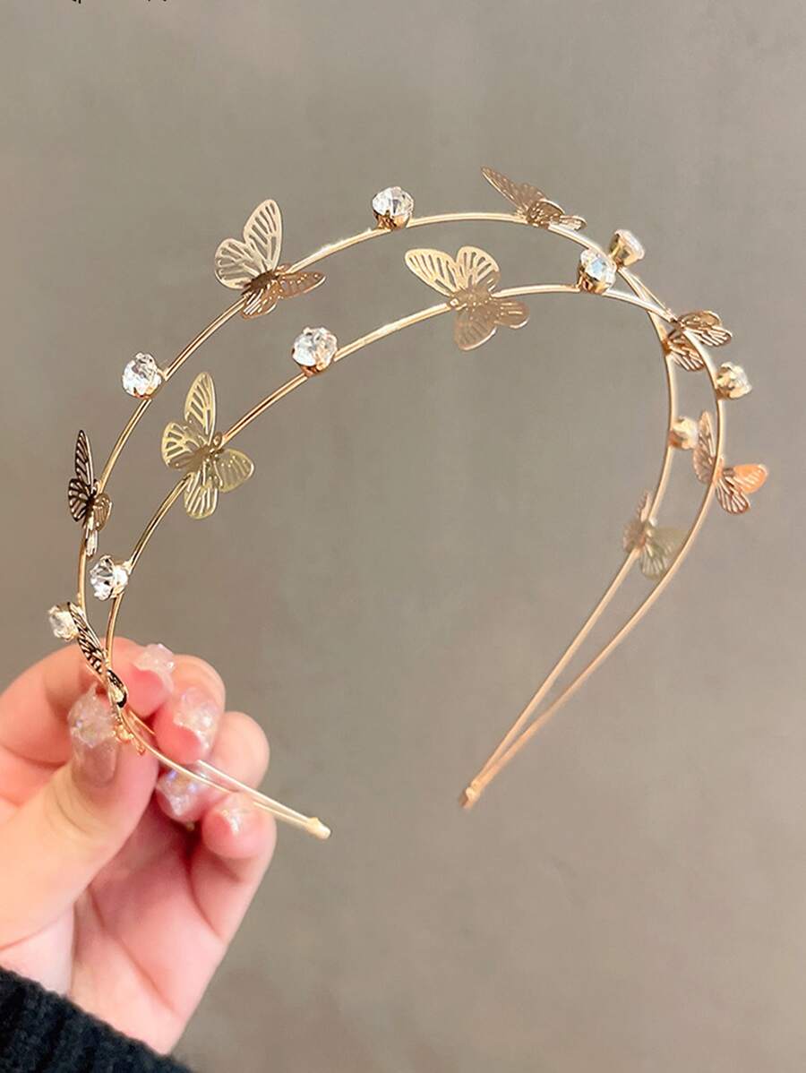 1入華麗鑽石鑲嵌雙蝴蝶花卉設計頭箍，帶金色閃爍，適合日常穿著 - 金色 - 查看 1