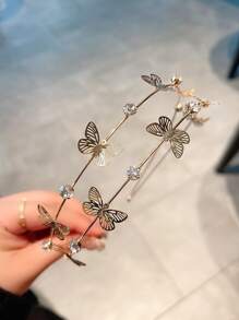 1入華麗鑽石鑲嵌雙蝴蝶花卉設計頭箍，帶金色閃爍，適合日常穿著 - 金色 - 查看 4