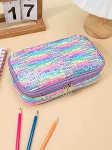 1pc Sequin Decor Pencil Bag - Purple - View 1