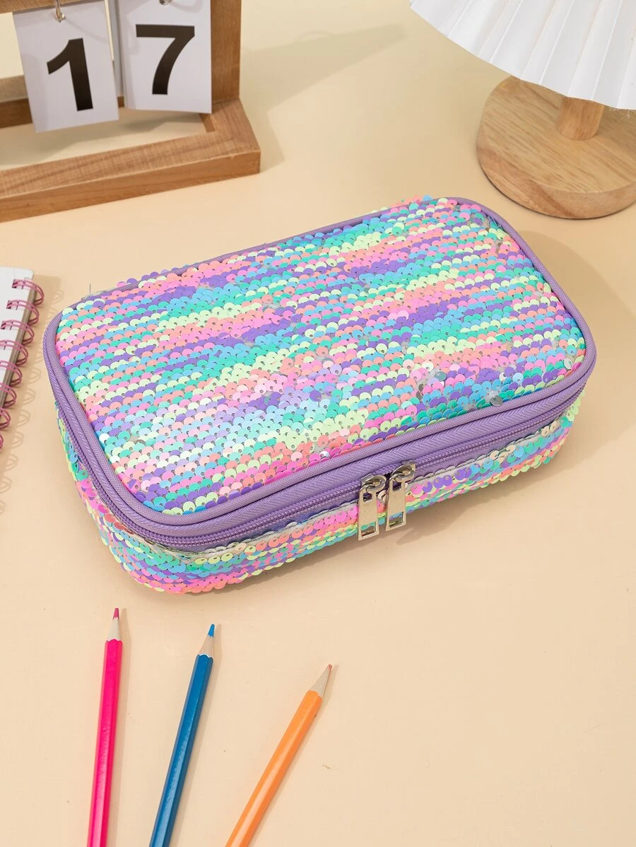 1pc Sequin Decor Pencil Bag - Purple - View 1