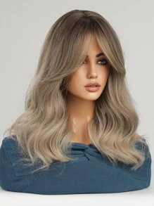 Pelo largo y rizado de fibra química tejida en color marrón degradado con capas, flequillo y cabelludo para uso diario - Degradado - Ver 5