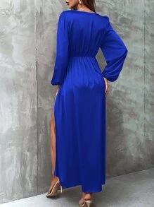 SHEIN Clasi Đầm Maxi Satin Tay Lửng Quấn Viền Trang Phục Nữ - Màu xanh lam - Xem 2