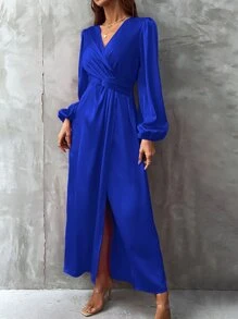SHEIN Clasi Đầm Maxi Satin Tay Lửng Quấn Viền Trang Phục Nữ - Màu xanh lam - Xem 3