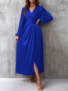 SHEIN Clasi Đầm Maxi Satin Tay Lửng Quấn Viền Trang Phục Nữ - Màu xanh lam - Xem 4