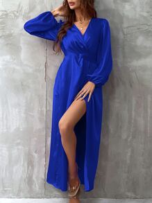 SHEIN Clasi Đầm Maxi Satin Tay Lửng Quấn Viền Trang Phục Nữ - Màu xanh lam - Xem 5