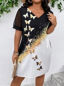 SHEIN Clasi Plus Butterfly Print Contrast Mesh Dress - Multicolor - View 1