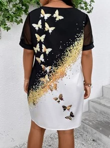 SHEIN Clasi Plus Butterfly Print Contrast Mesh Dress - Multicolor - View 2