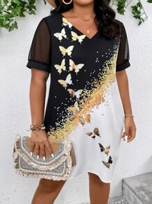 SHEIN Clasi Plus Butterfly Print Contrast Mesh Dress - Multicolor - View 5