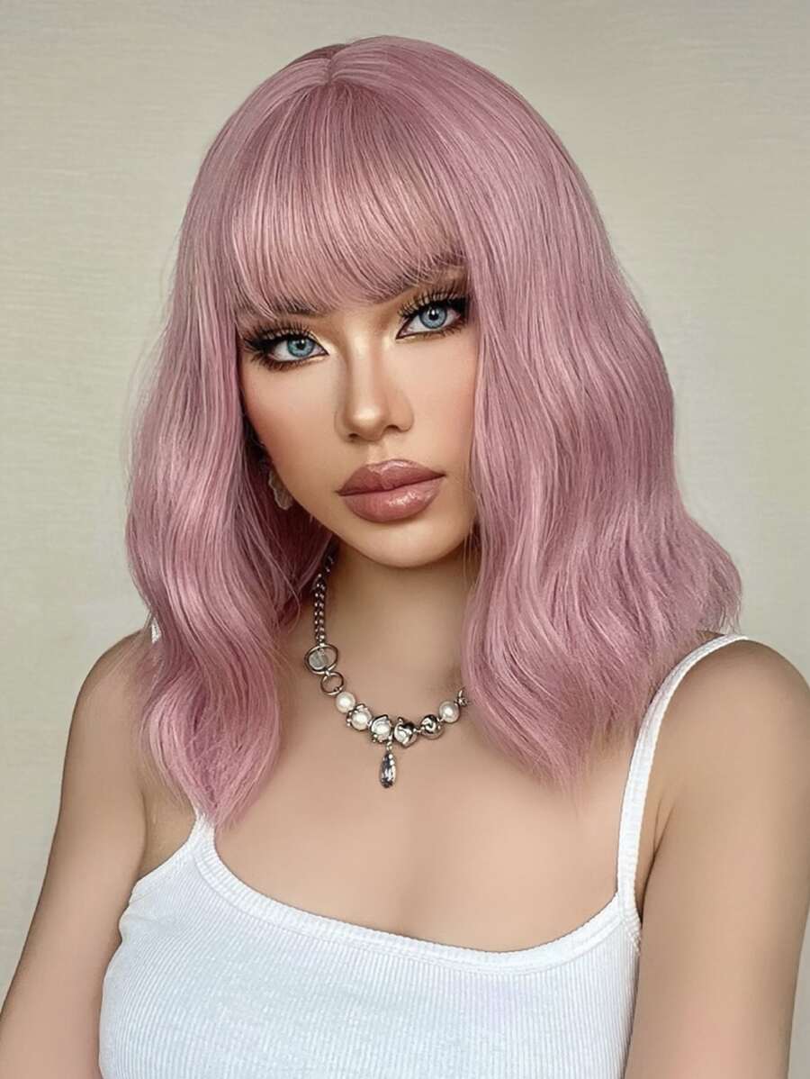 HAIRCUBE 12 英寸粉色劉海短捲髮華麗美麗時尚女式合成假髮 - 粉色 - 查看 1
