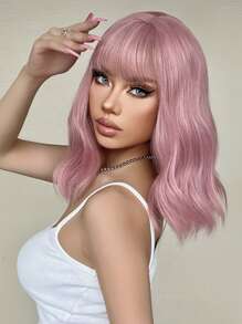 HAIRCUBE 12 英寸粉色劉海短捲髮華麗美麗時尚女式合成假髮 - 粉色 - 查看 6