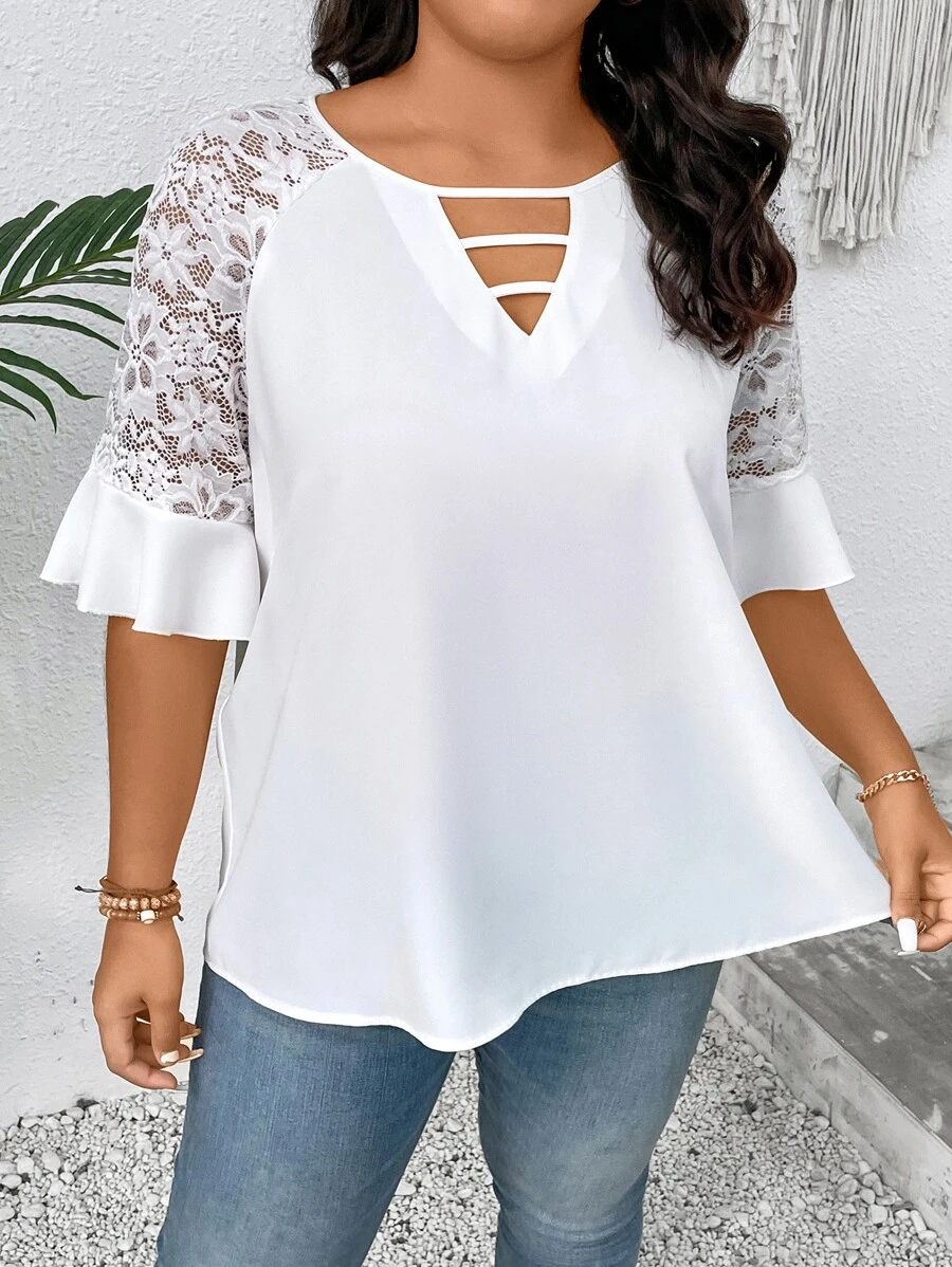 SHEIN LUNE Plus Contrast Lace Flounce Sleeve Cut Out Front Blouse - White - View 1