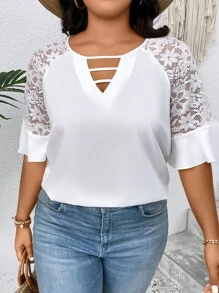 SHEIN LUNE Plus Contrast Lace Flounce Sleeve Cut Out Front Blouse - White - View 3