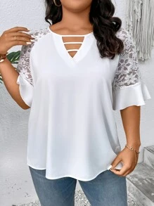 SHEIN LUNE Plus Contrast Lace Flounce Sleeve Cut Out Front Blouse - White - View 5