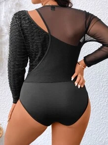 SHEIN LUNE Plus Cut Out Mesh Insert Bodysuit - Black - View 2