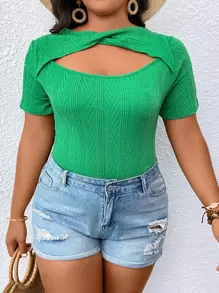 SHEIN LUNE 大碼前扭結鏤空連體衣 - 綠色 - 查看 1