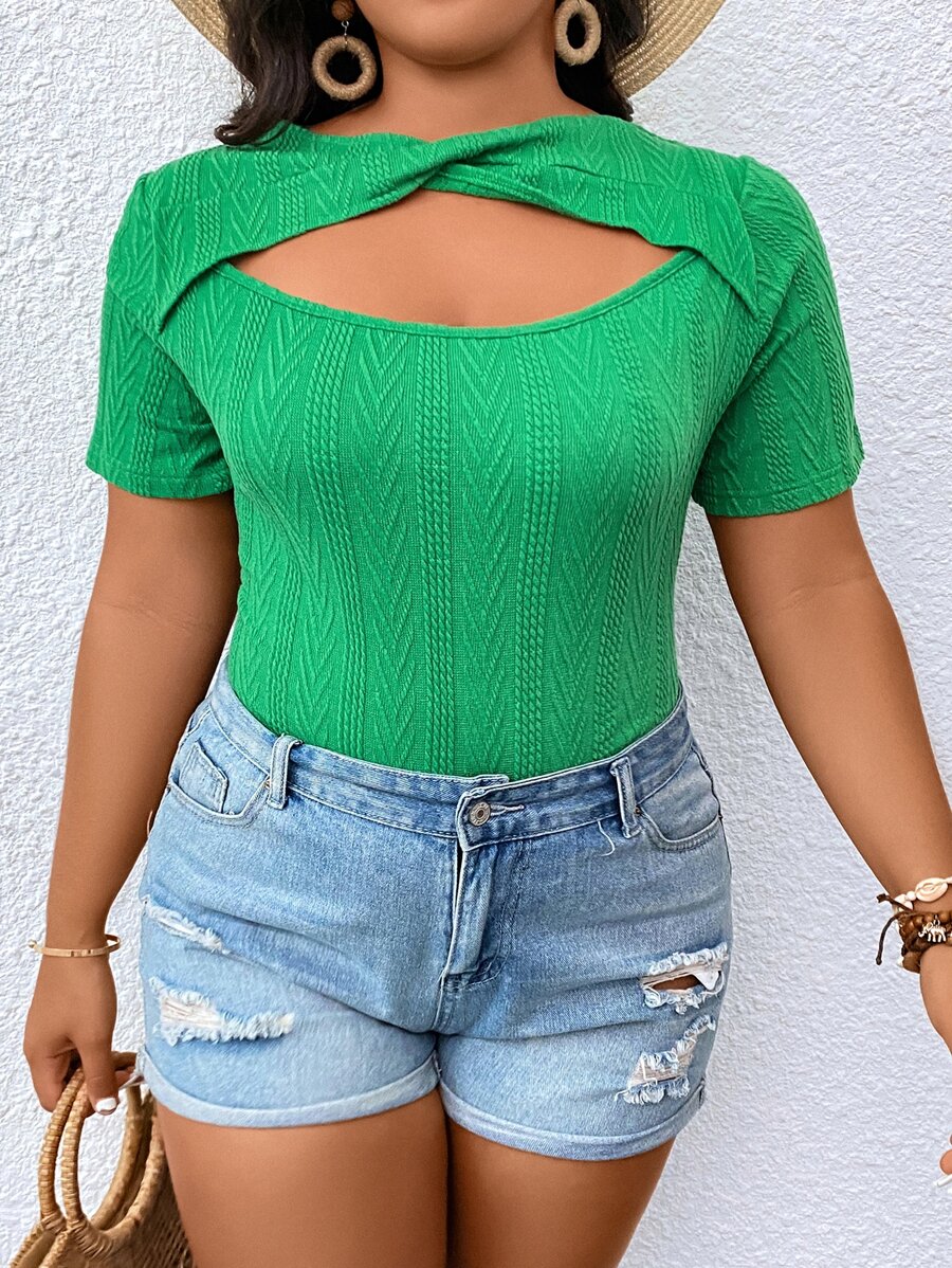 SHEIN LUNE 大碼前扭結鏤空連體衣 - 綠色 - 查看 1