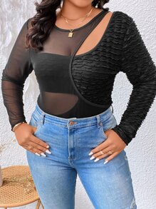 SHEIN LUNE Plus Cut Out Mesh Insert Bodysuit - Black - View 3