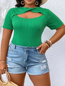 SHEIN LUNE 大碼前扭結鏤空連體衣 - 綠色 - 查看 3