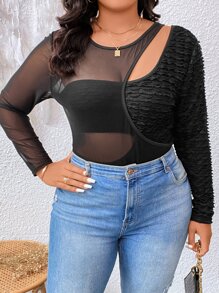 SHEIN LUNE Plus Cut Out Mesh Insert Bodysuit - Black - View 4