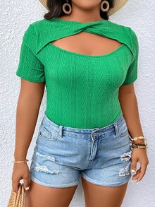 SHEIN LUNE 大碼前扭結鏤空連體衣 - 綠色 - 查看 4