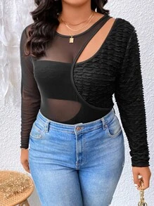 SHEIN LUNE Plus Cut Out Mesh Insert Bodysuit - Black - View 5