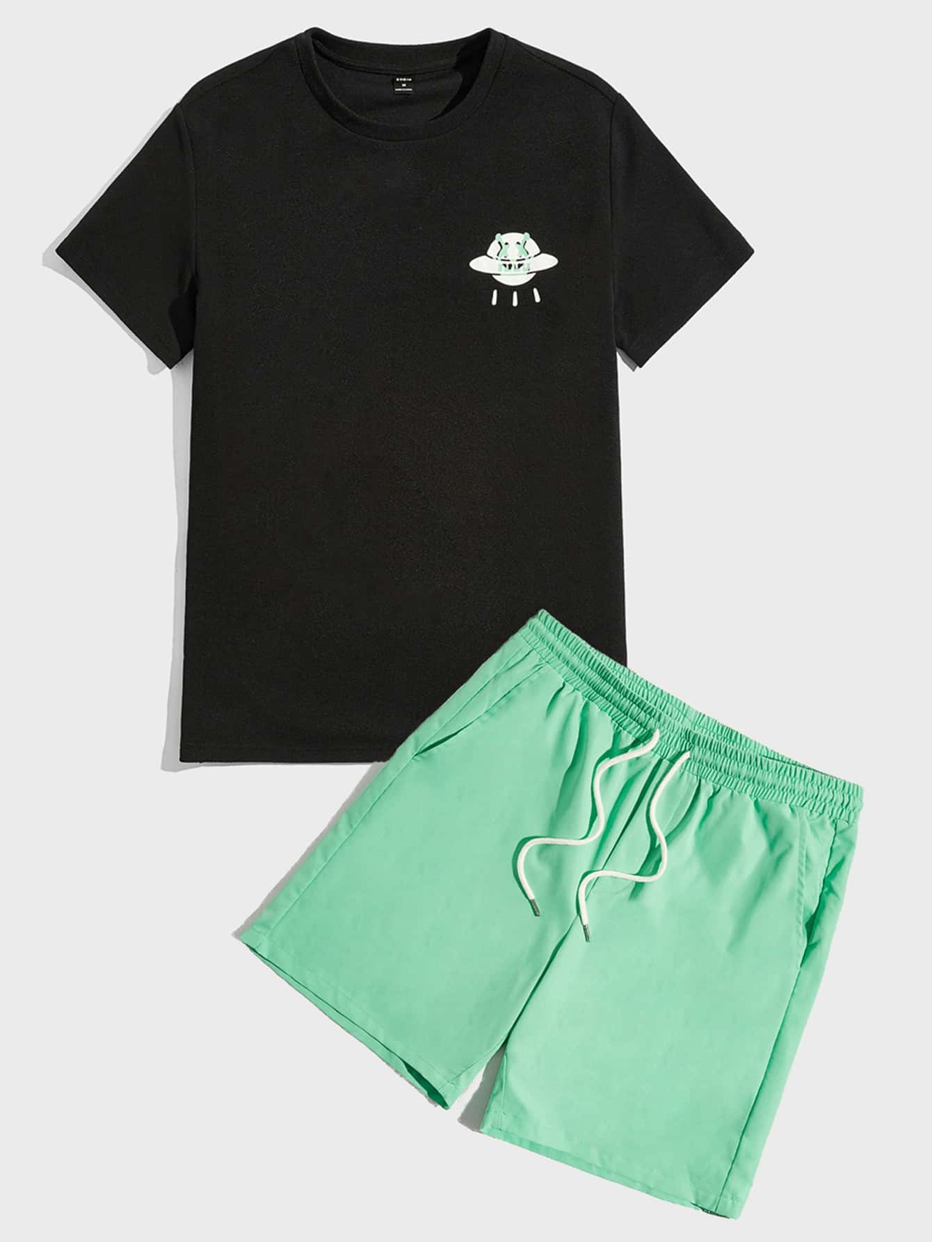 Manfinity Men Cartoon Graphic Tee & Drawstring Waist Shorts - Multicolor - View 1