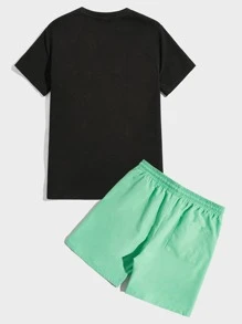 Manfinity Men Cartoon Graphic Tee & Drawstring Waist Shorts - Multicolor - View 2