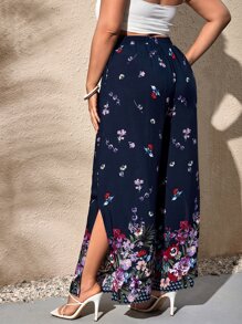 SHEIN VCAY Plus Floral Print Split Thigh Wide Leg Pants - Multicolor - View 2