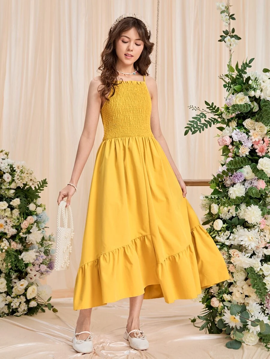 SHEIN Teen Girls Shirred Ruffle Hem Cami Dress - Yellow - View 1
