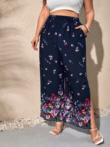 SHEIN VCAY Plus Floral Print Split Thigh Wide Leg Pants - Multicolor - View 3