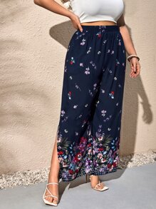 SHEIN VCAY Plus Floral Print Split Thigh Wide Leg Pants - Multicolor - View 4