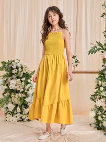 SHEIN Teen Girls Shirred Ruffle Hem Cami Dress - Yellow - View 3