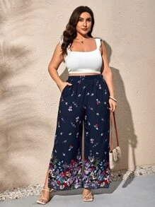SHEIN VCAY Plus Floral Print Split Thigh Wide Leg Pants - Multicolor - View 5