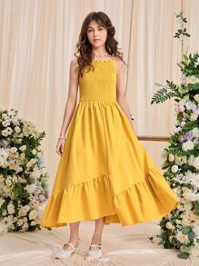 SHEIN Teen Girls Shirred Ruffle Hem Cami Dress - Yellow - View 4