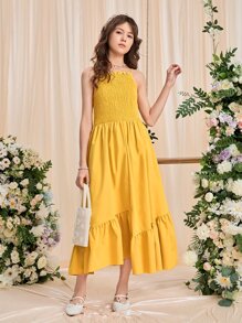 SHEIN Teen Girls Shirred Ruffle Hem Cami Dress - Yellow - View 5