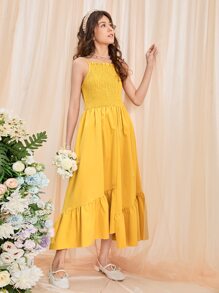 SHEIN Teen Girls Shirred Ruffle Hem Cami Dress - Yellow - View 6