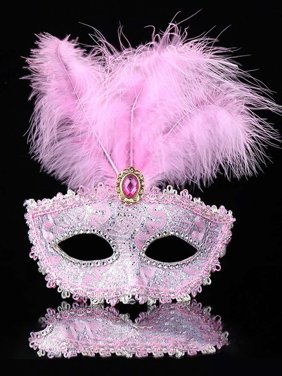 Feather Decor Costume Face Shield - Pink - View 1