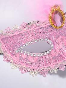 Feather Decor Costume Face Shield - Pink - View 3