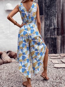 SHEIN VCAY Patchwork Print Wide Leg Jumpsuit - Multicolor - View 3