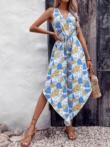 SHEIN VCAY Patchwork Print Wide Leg Jumpsuit - Multicolor - View 4