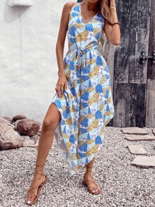 SHEIN VCAY Patchwork Print Wide Leg Jumpsuit - Multicolor - View 6